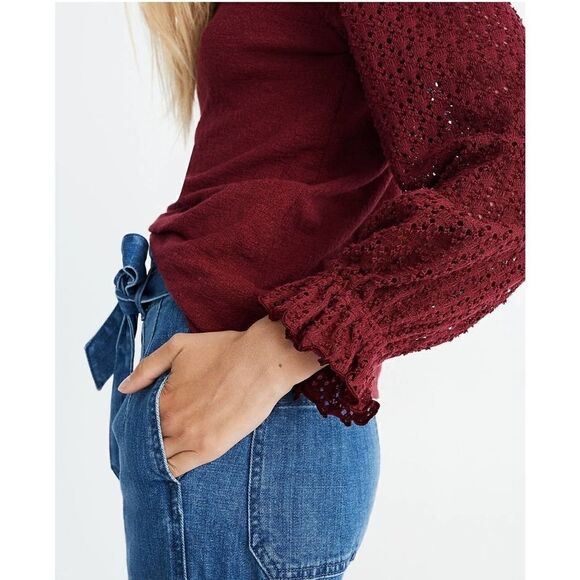 Madewell Texture & Thread Eyelet Mix Ruffle-Sleeve Top Size S green - Picture 2 of 9